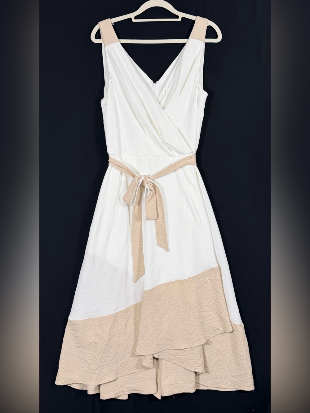 Harper RoseSleeveless White and Beige Color-Block Wrap Midi Dress with Tie Waist